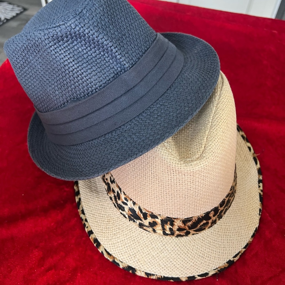 Stylish Blue and Beige Fedora Hats with Leopard Trim